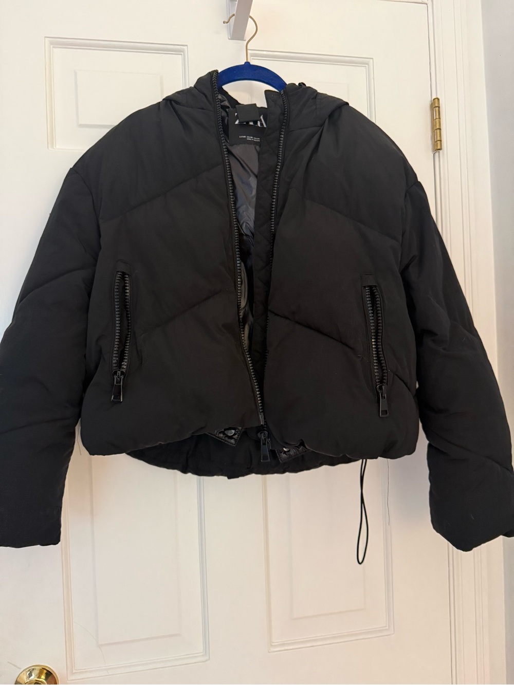 Zara Black Cropped Hooded Puffer Jacket